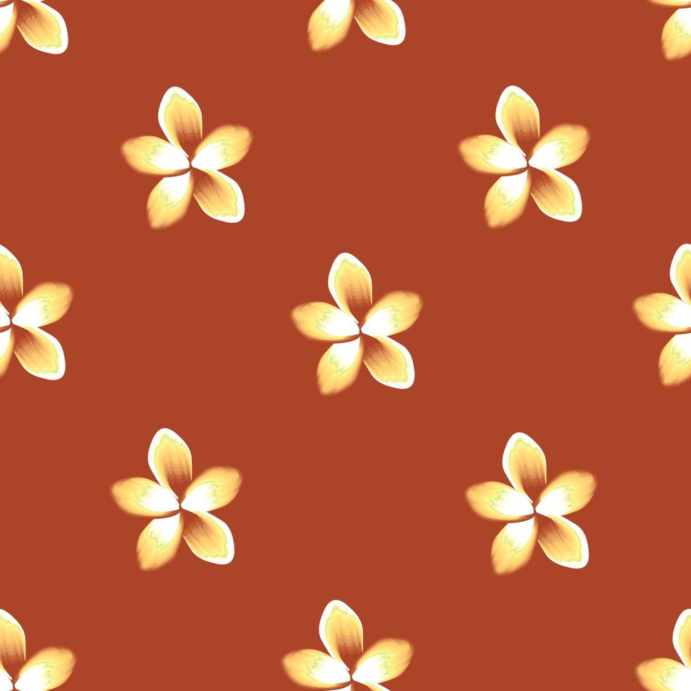 Herbsttapete mit niedlichen orangefarbenen Frangipani-Blumen, nahtloses tropisches Muster auf pastellfarbenem Hintergrund. Blumenhintergrund. modische Druckstruktur. Vektordesign. Naturtapete. Blumentapete vektor