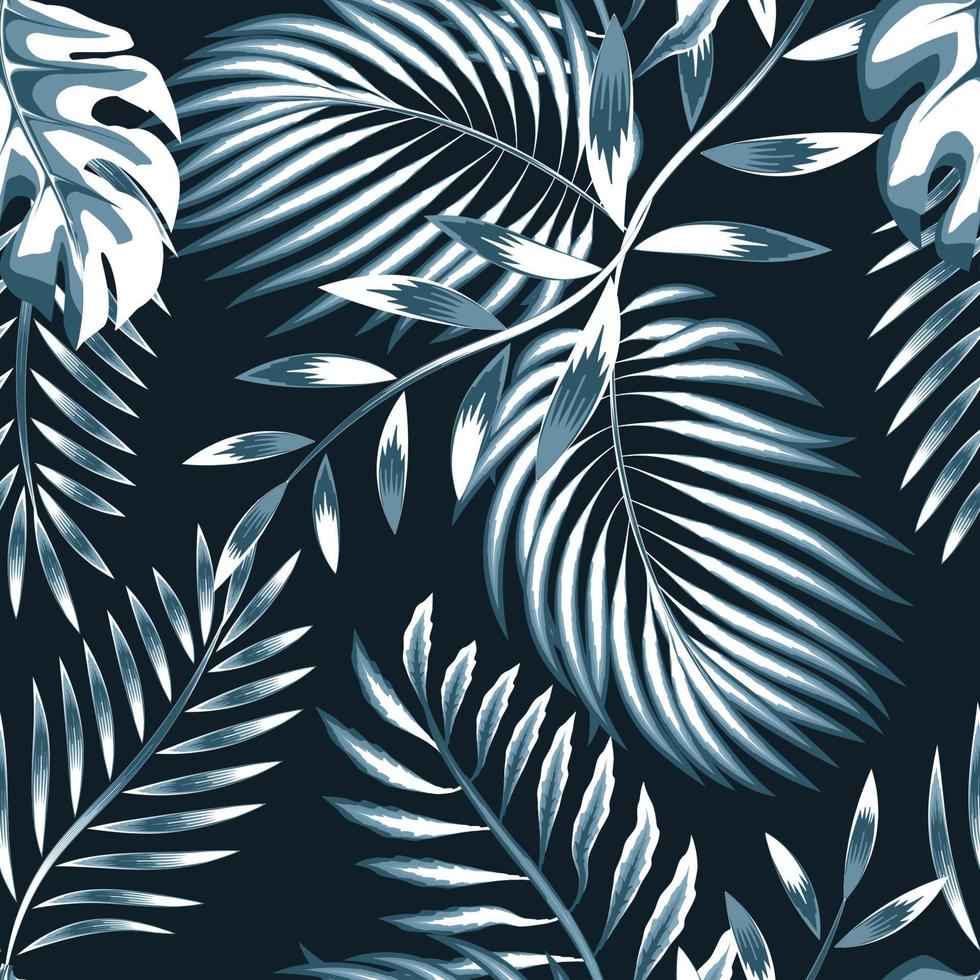 blå monstera handflatan löv och ormbunke tropisk växt sömlös mönster på mörk bakgrund. modern textur. sommar design. djungel skriva ut. exotisk tropisk tapet. årgång design. höst. sommar vektor