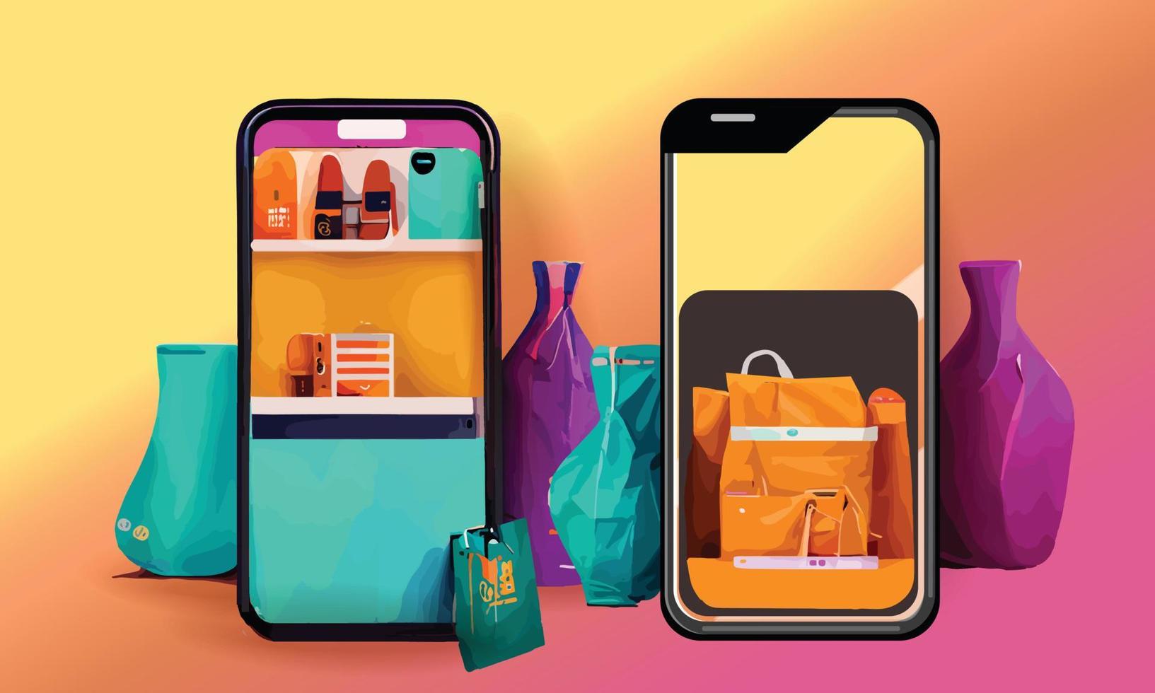 Online-Shopping oder Lieferkonzept Illustration 3D-Vektor zeigen Trolley, Taschen und Kisten. modernes, trendiges Design in leuchtenden Farben auf dem Smartphone vektor