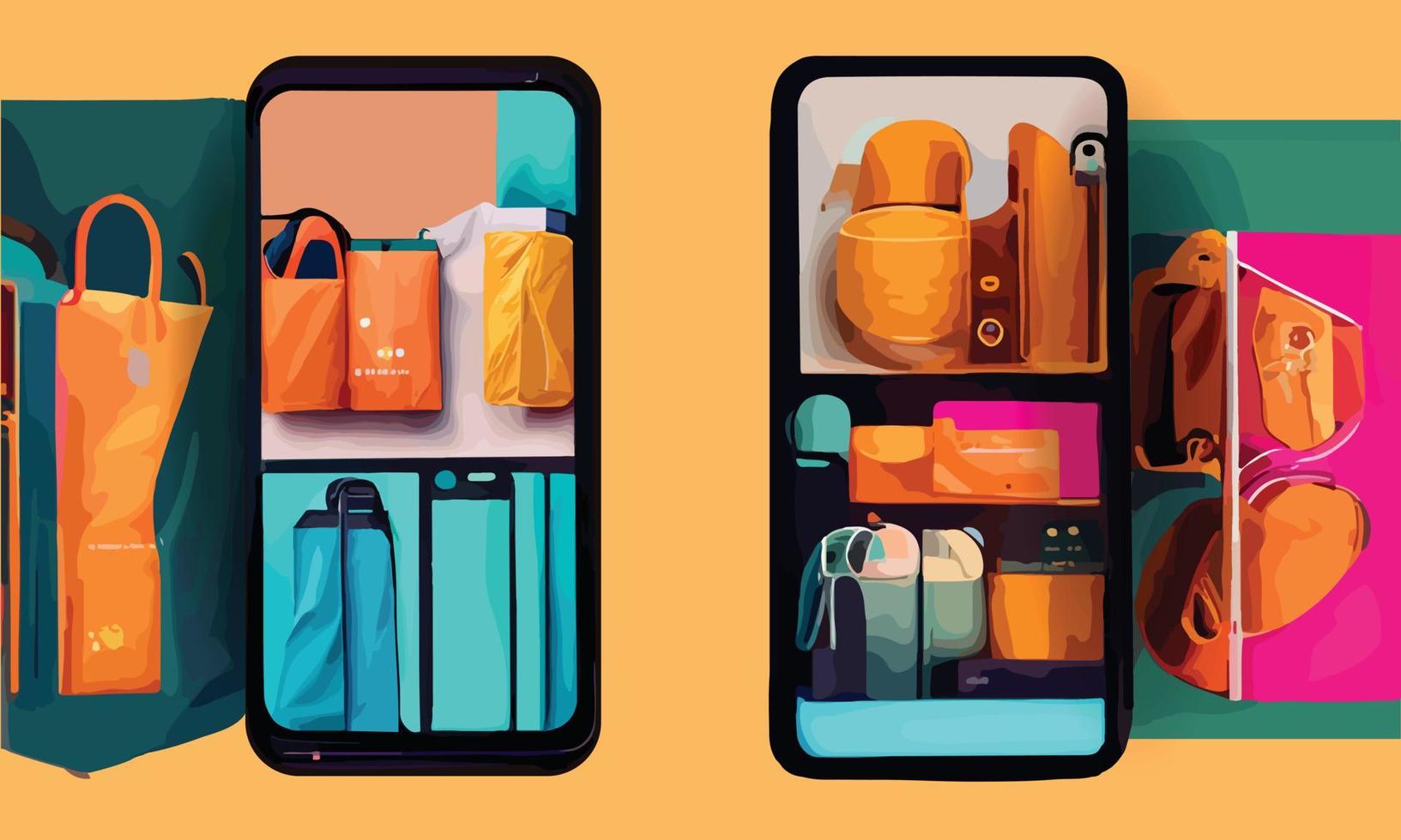 Online-Shopping oder Lieferkonzept Illustration 3D-Vektor zeigen Trolley, Taschen und Kisten. modernes, trendiges Design in leuchtenden Farben auf dem Smartphone vektor