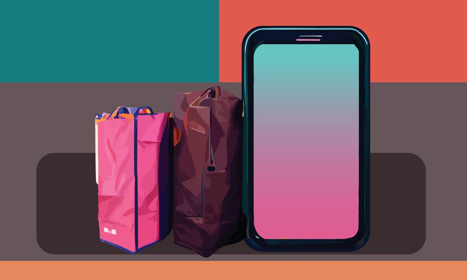 Online-Shopping oder Lieferkonzept Illustration 3D-Vektor zeigen Trolley, Taschen und Kisten. modernes, trendiges Design in leuchtenden Farben auf dem Smartphone vektor