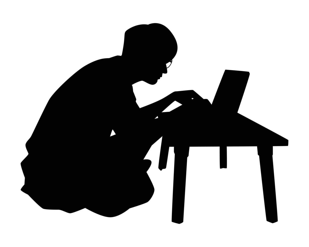 Ein Junge sitzt mit einem Computer-Notebook-Silhouettenvektor auf Weiß, Menschen und Technologiekonzept. vektor