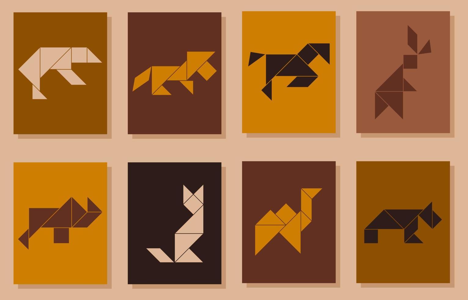 uppsättning av 8 tangram posters med annorlunda djur. modern minimalistisk posters med djur. vektor illustration.