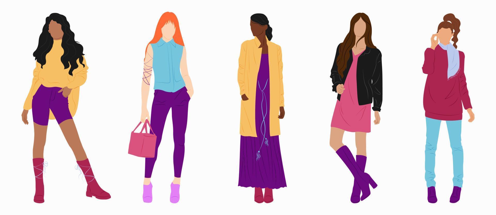 set mit stilvollen frauen in verschiedenen kleidern im minimalistischen stil. modische frauen in bequemer kleidung. urbaner Stil. Vektor-Illustration vektor