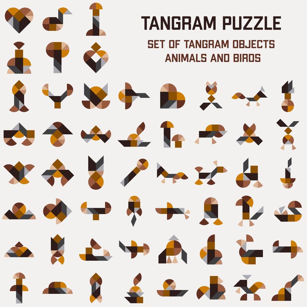 pussel spel blad för barn. tangram. scheman med annorlunda djur, fåglar och objekt. vektor illustration