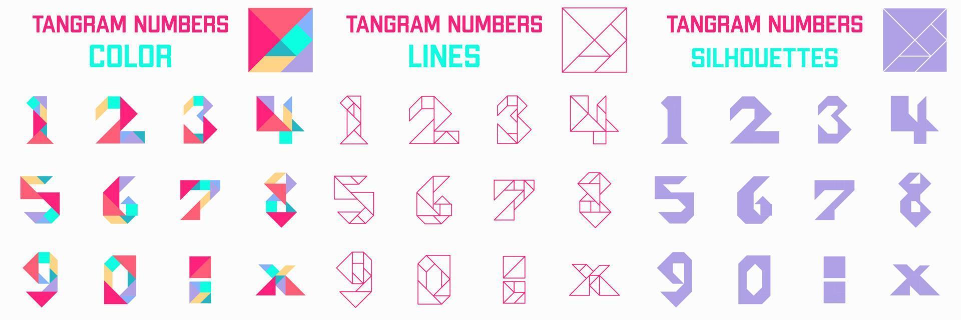 tangram pussel spel. scheman med annorlunda tal. spel för barn. tangram Färg, silhuetter och rader. vektor