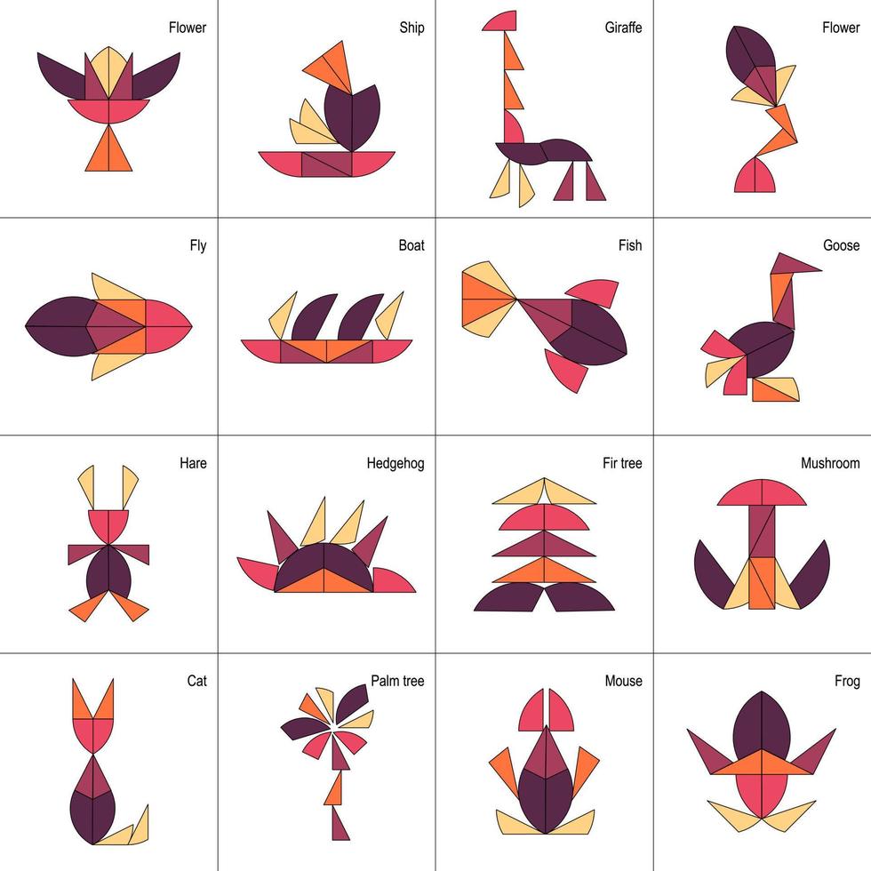 tangram. magi cirkel pussel för ungar. 16 system med djur och objekt. vektor illustration