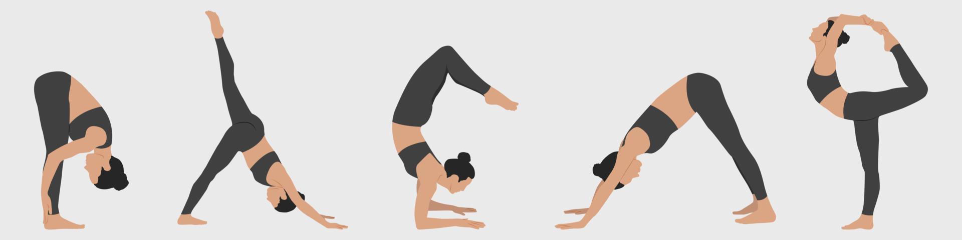 Set mit Frauen, die Yoga machen. Yoga-Positionen. Frauen praktizieren Yoga. vektorillustration im minimalistischen stil. vektor