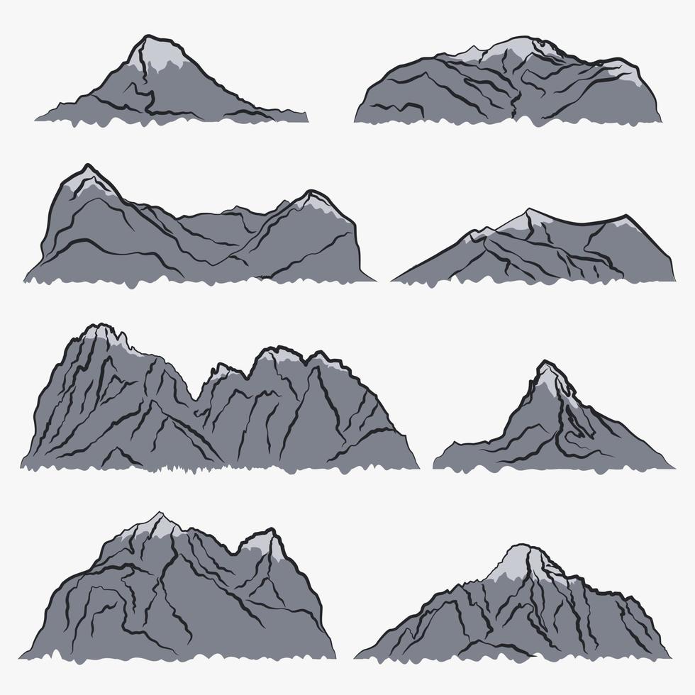 Set mit acht Silhouetten verschiedener grauer Berge. Vektor-Illustration. Vektor isolierte Designelemente.