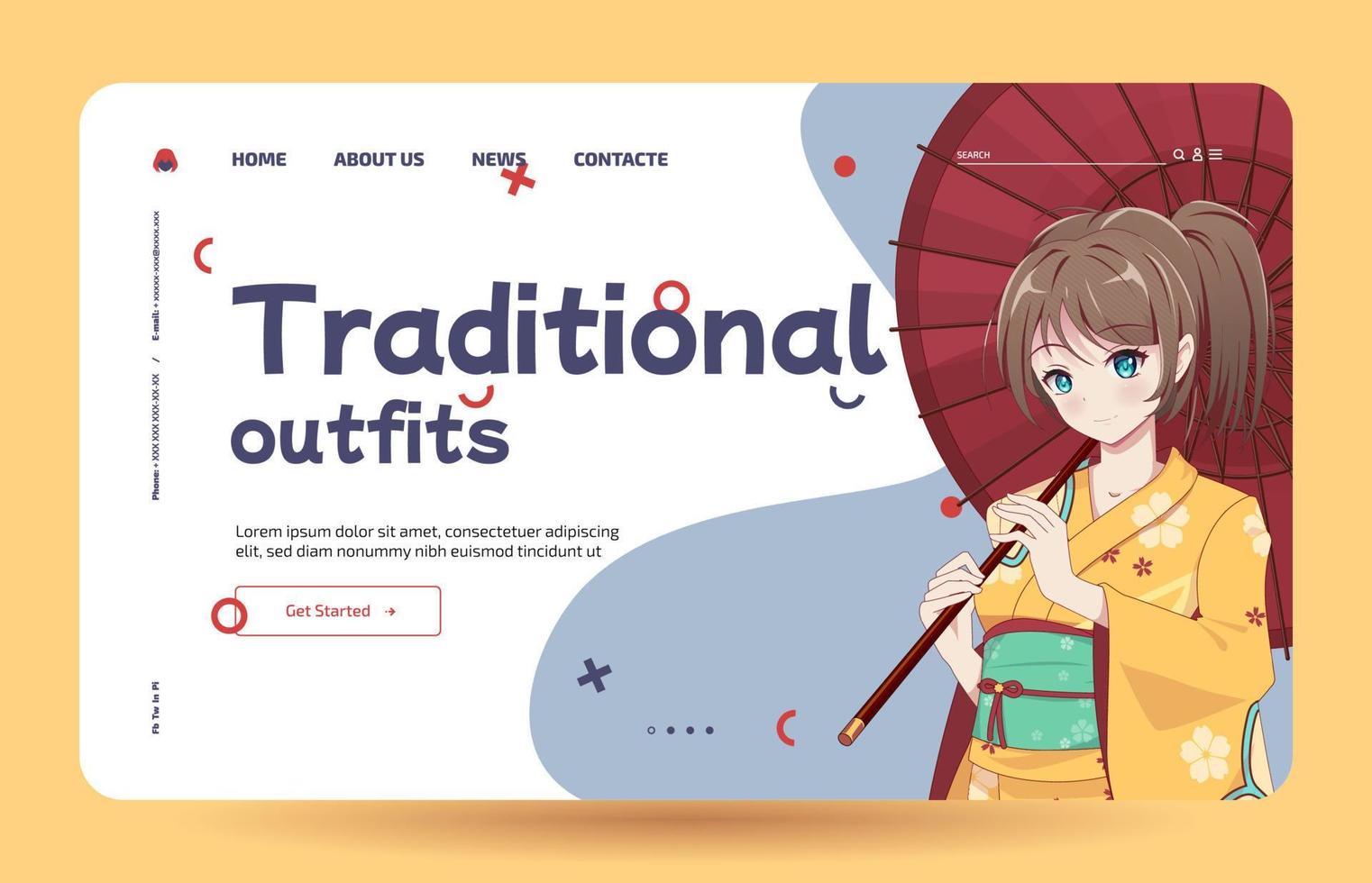 Anime-Manga-Mädchen im traditionellen japanischen Kimono-Kostüm mit Regenschirm. traditionelle Outfits - Zielseitenvorlage vektor