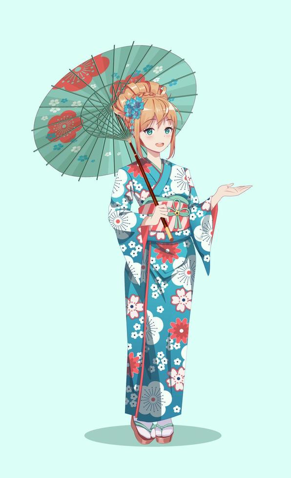 anime manga flickor i traditionell japansk kimono kostym innehav papper paraply. vektor illustration på isolerat bakgrund