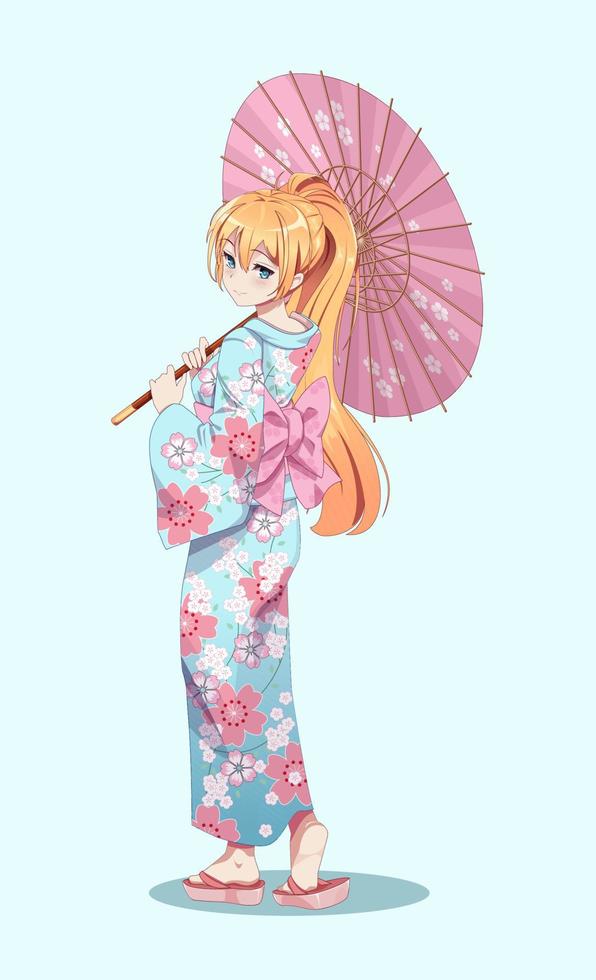 anime manga flickor i traditionell japansk kimono kostym innehav papper paraply. vektor illustration på isolerat bakgrund