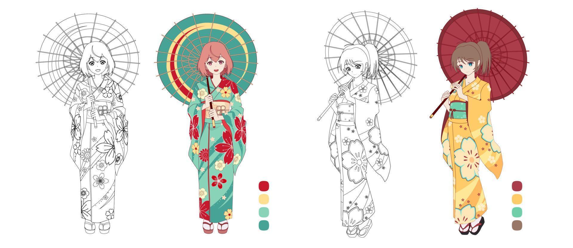 anime manga flicka bär japansk kimono. kontur vektor illustration för färg bok. svartvit och färgad versioner