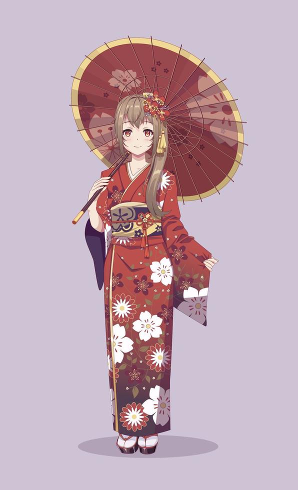 anime manga flickor i traditionell japansk kimono kostym innehav papper paraply. vektor illustration på isolerat bakgrund