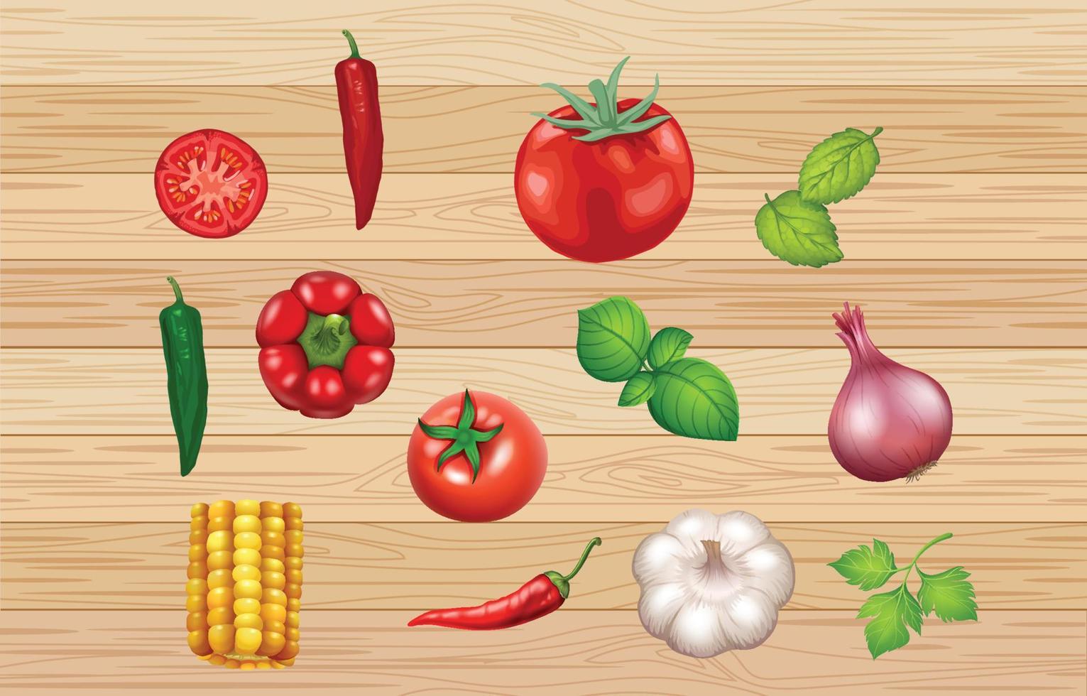 grönsaker. vektor mat illustration av tomater, chili, majs, trösklar, vitlök, klocka paprika, bukt löv, lök och rosmarin
