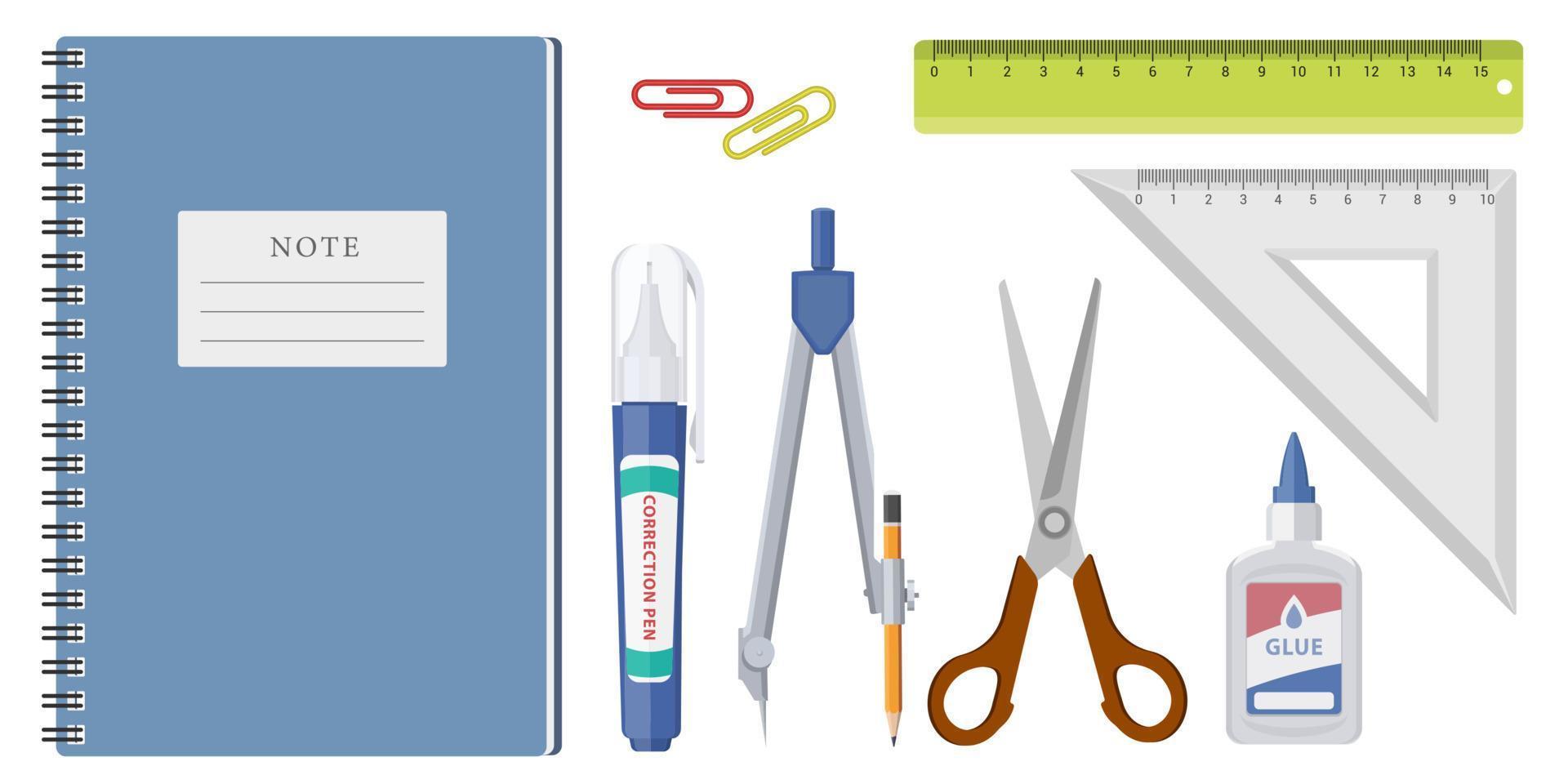 Sammelset aus Schulmaterial, Notizbuch, Schere, Lineal, Kleber, Büroklammer und Bleistift, Kompass vektor