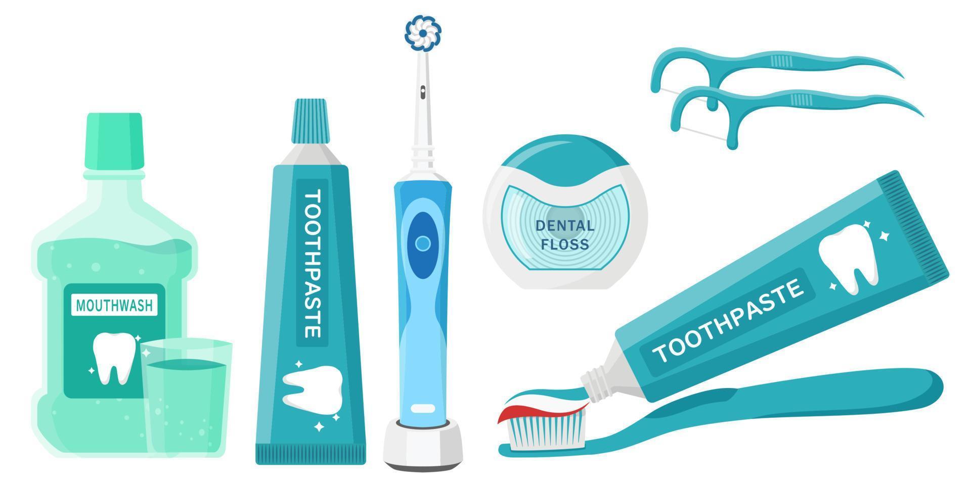 Sammlung von Mundhygiene-Reinigungswerkzeugen, Zahnpasta, Zahnbürste, Zahnseide und Mundspülflüssigkeit vektor