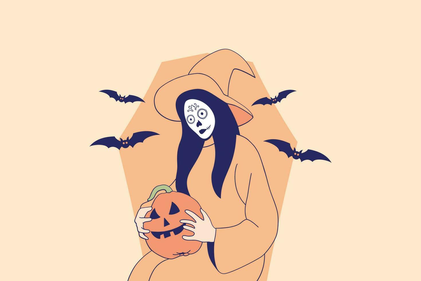 illustrationer av skön ung kvinna med skalle smink innehav pumpa domkraft o lykta för halloween karneval begrepp vektor