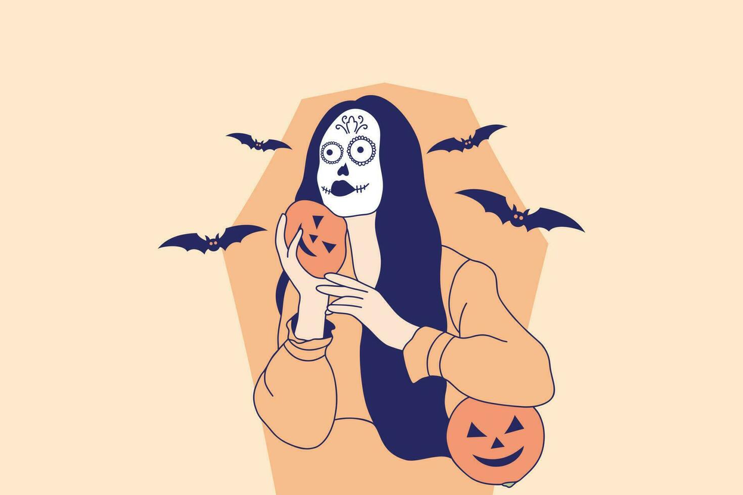 illustrationer av skön ung kvinna med skalle smink innehav pumpa domkraft o lykta för halloween karneval begrepp vektor