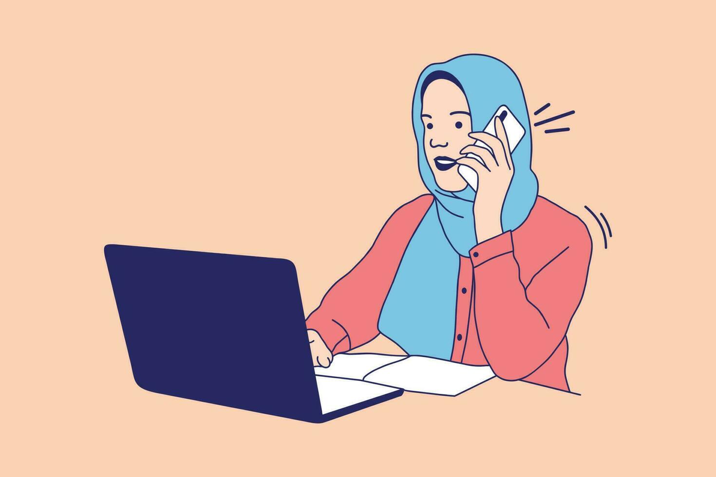 illustrationer av ung Söt muslim kvinna i hijab arbetssätt på bärbar dator och talande på de telefon vektor