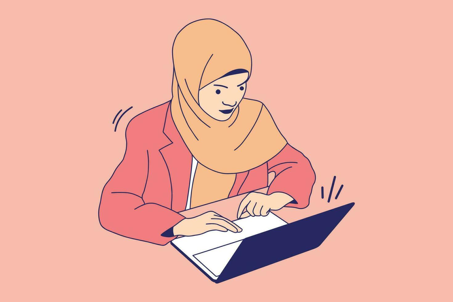 illustrationer av skön smart företag kvinna ha på sig hijab och och arbetssätt på bärbar dator vektor