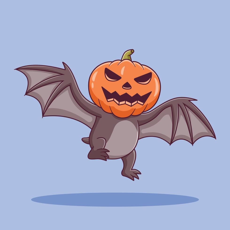 niedlicher fliegender fledermaus-cartoon mit kürbismaske. Fledermaus-Maskottchen-Zeichentrickfigur. Halloween-Symbol-Konzept. flacher cartoon-stil geeignet für web-landingpage, banner, flyer, aufkleber, karte vektor