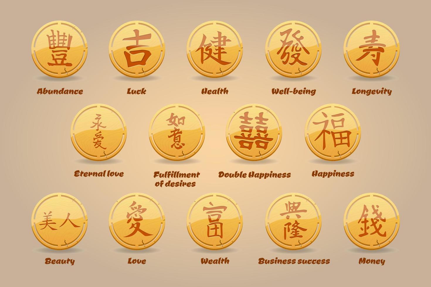 uppsättning av trä- amuletter med kinesisk tecken vektor