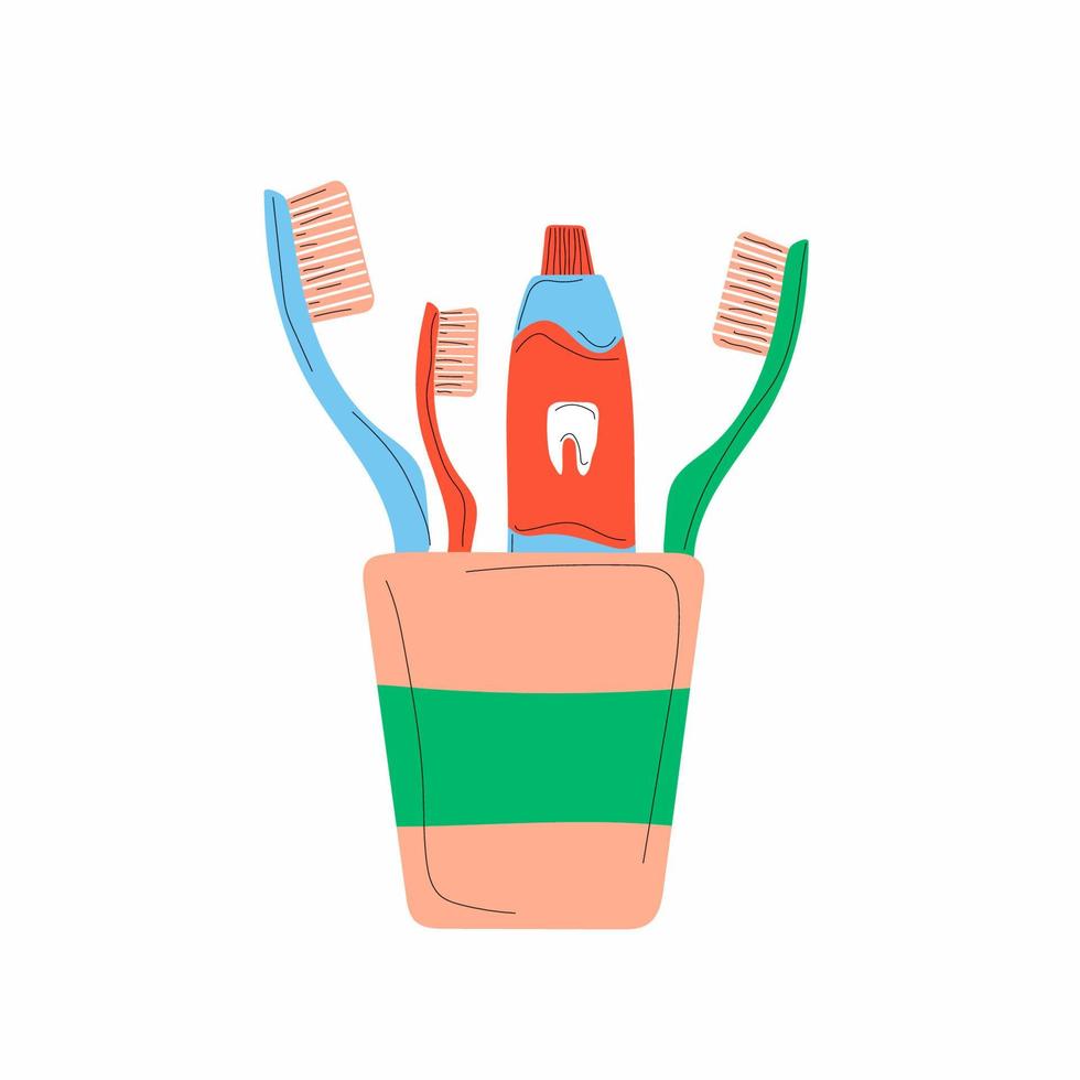 ikon med vuxna och barn tandborstar, tandkräm i ett glas med skugga, isolerad i en platt illustration. vektor