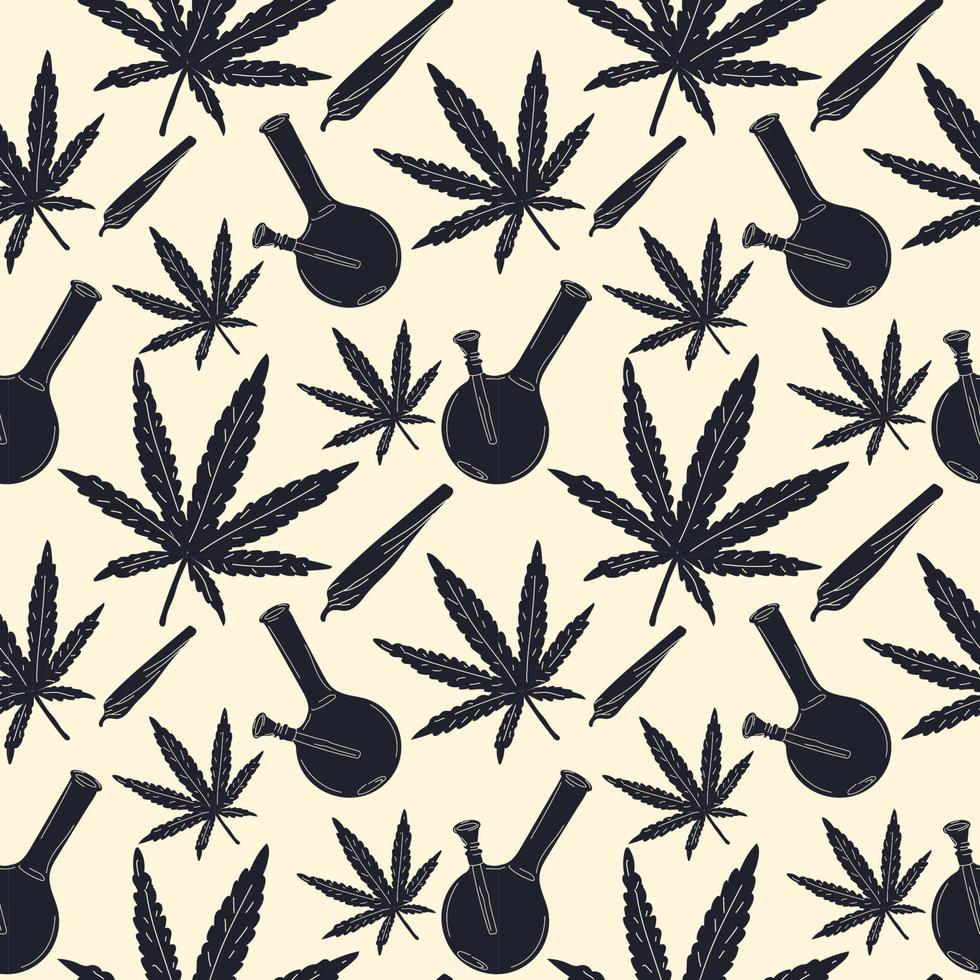 medicinsk marijuana, rökning Tillbehör. glas bong för rökning ogräs, gemensam. hampa löv, olja. cannabis och ogräs legalisering begrepp. hand dragen trendig vektor illustration.