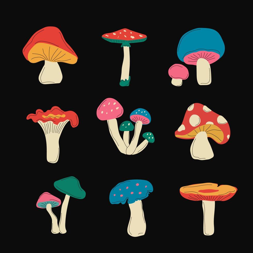 giftig och ätlig svamp tecknad film, disposition ikoner i uppsättning samling för design. annorlunda typer av svamp vektor symbol stock webb illustration.