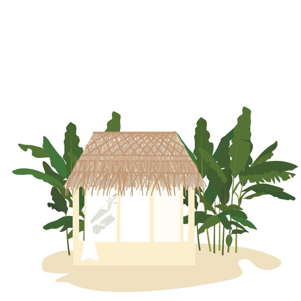 Bungalows Vektor Stock Illustration. ein Haus mit Strohdach. Palmen und eine Hütte auf einer tropischen Insel. reisen, urlaub, urlaub. isoliert auf weißem Hintergrund.