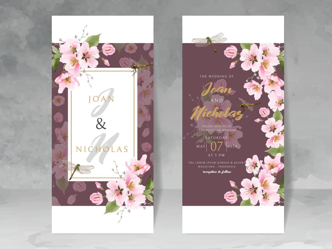 bröllop inbjudan kort med körsbär blomma och trollslända vektor