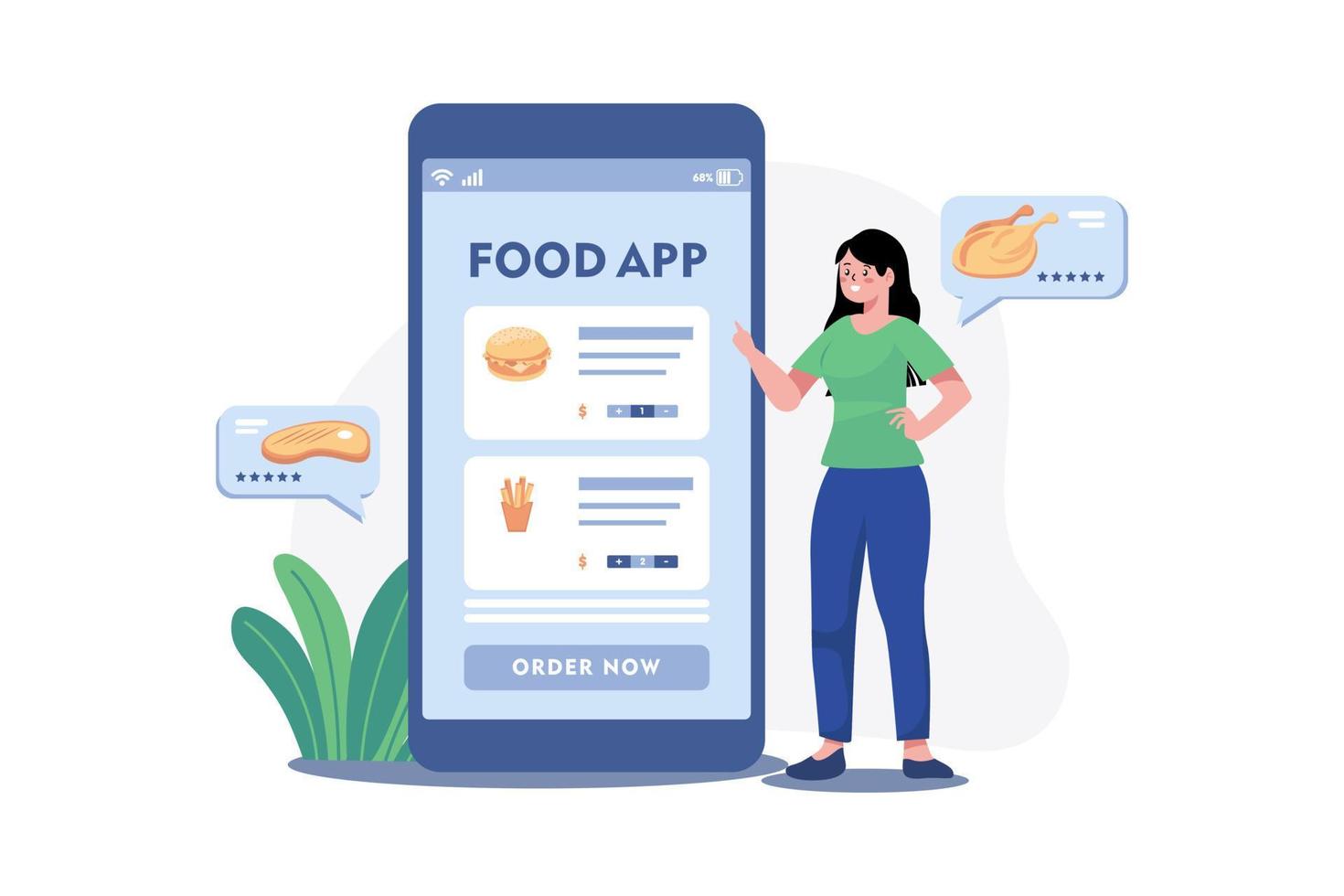 flicka beställa mat från mobil app vektor