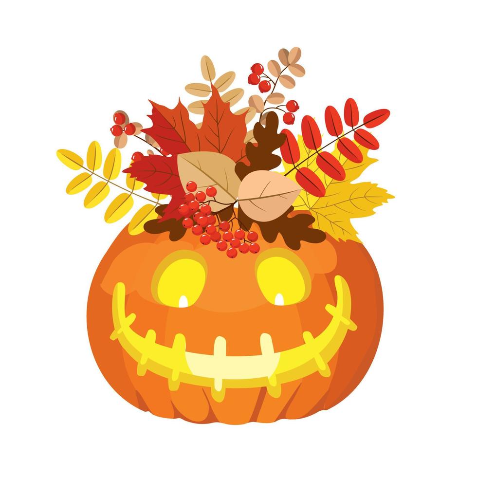 Halloween-Kürbis mit einem lächelnden Gesicht, einem Strauß Blätter. vektor