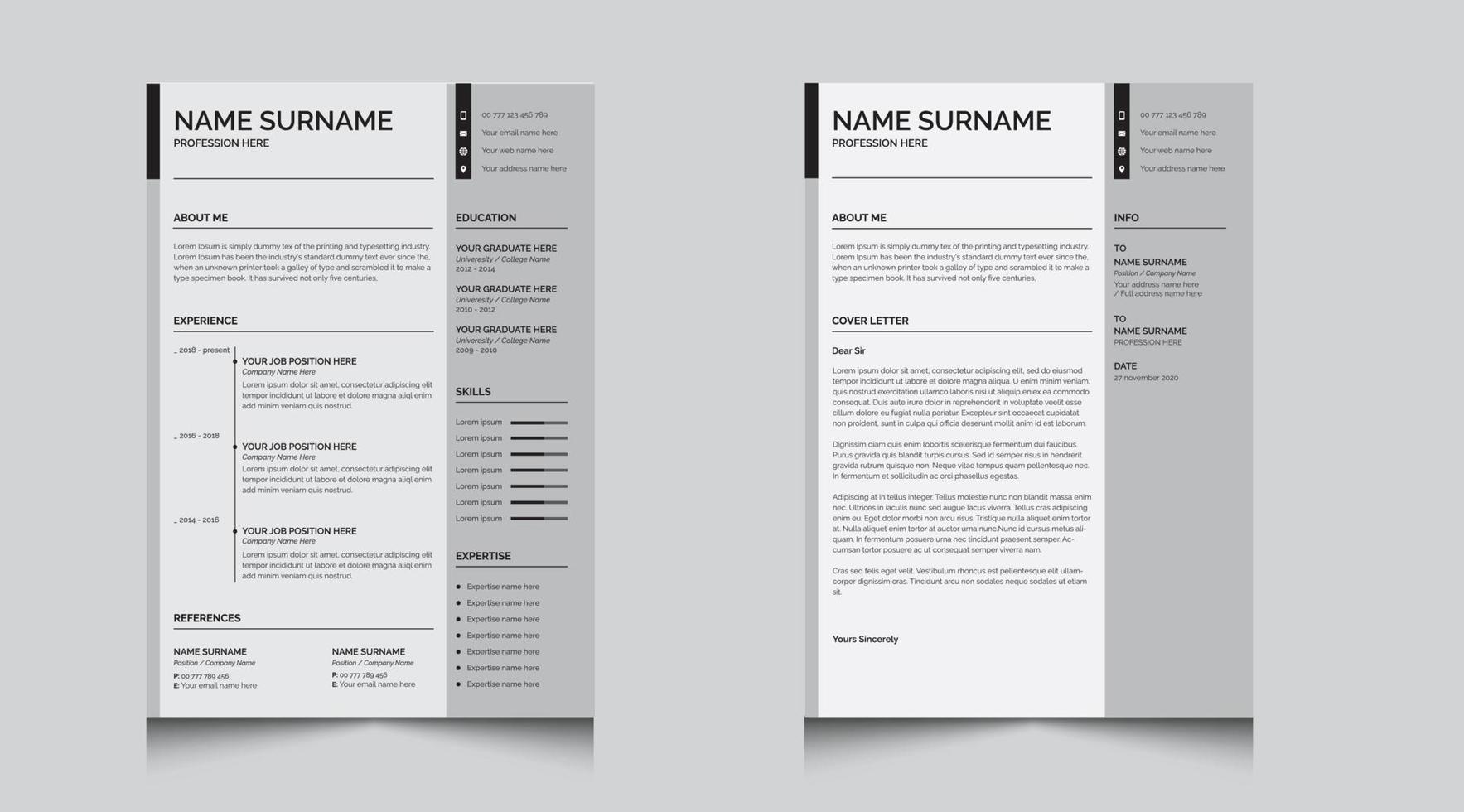 återuppta och omslag brev mall design, minimalistisk återuppta layout vektor