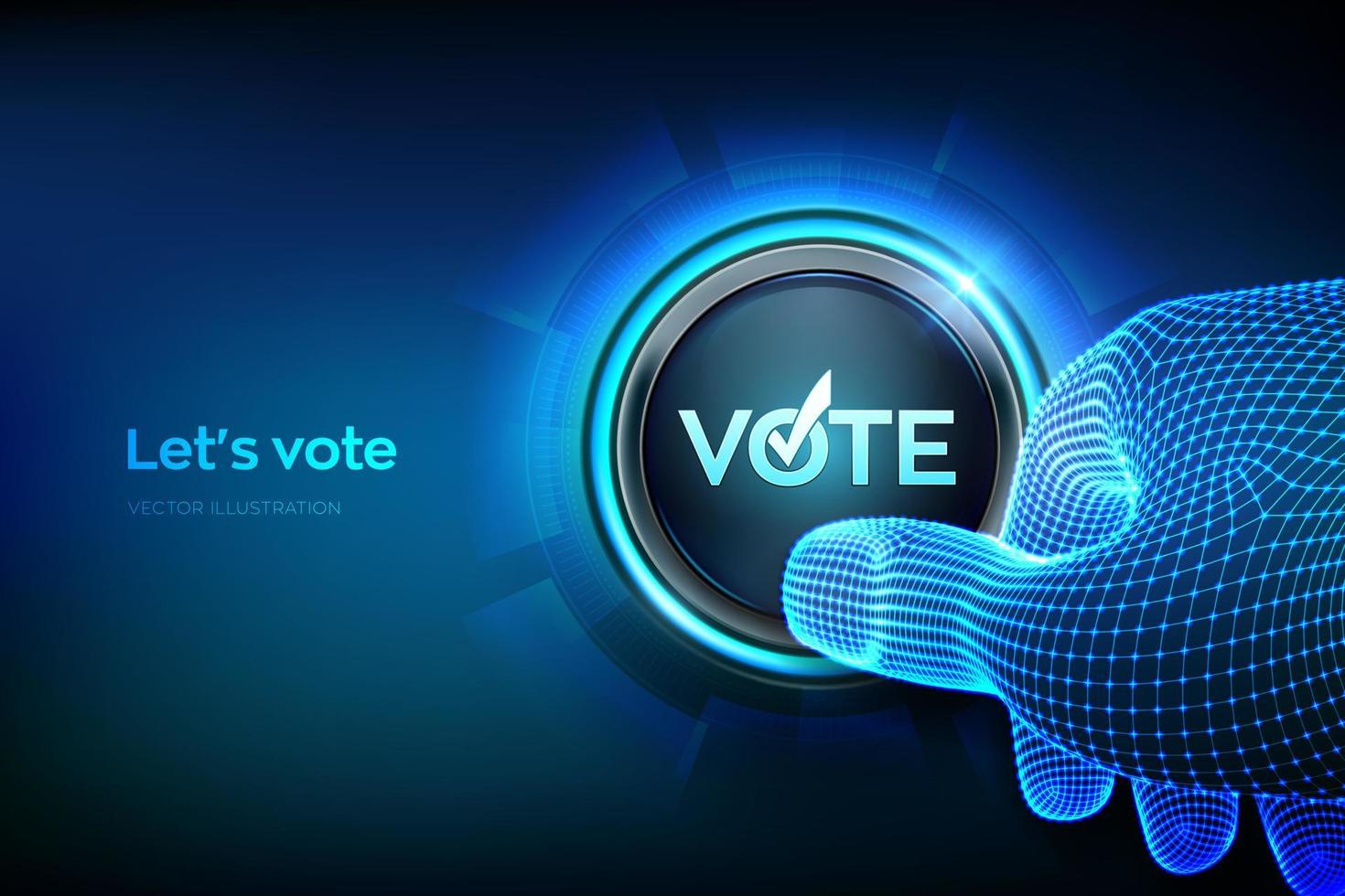 rösta. röstning och val begrepp på virtuell skärm. omröstning, valsedel. uppkopplad val. elektronisk röstning teknologi. e-röstning. kolla upp märke. närbild finger handla om till Tryck en knapp. vektor illustration.