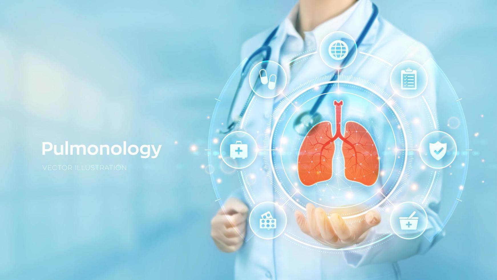 Pulmologie-Medizin-Konzept. Untersuchung und Behandlung der Atemwege. Arzt, der das Hologramm der Lunge und der Netzwerkverbindung medizinischer Symbole auf dem virtuellen Bildschirm in der Hand hält. Vektor-Illustration. vektor