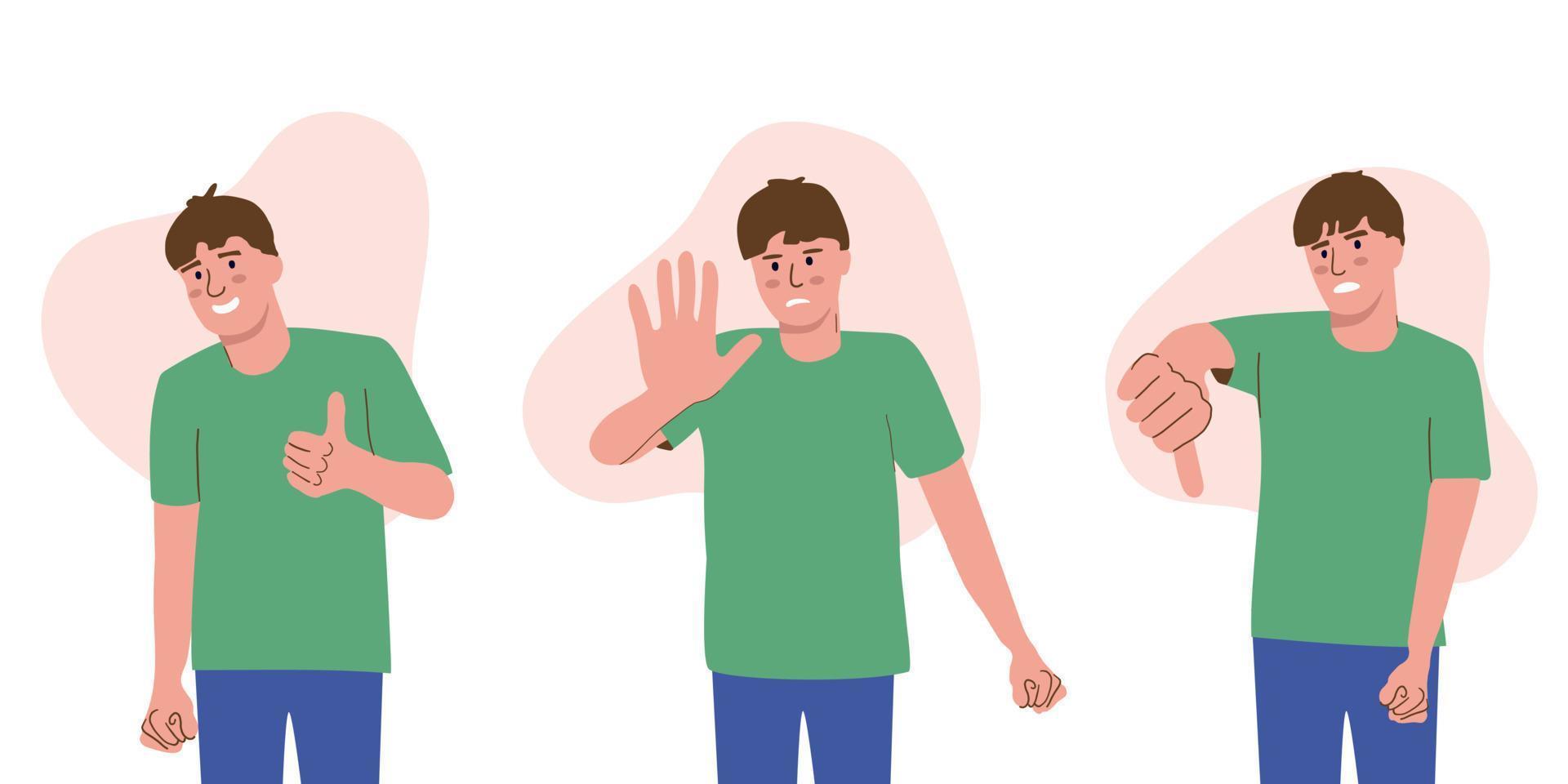Ein Mann zeigt Zeichen mit seinen Händen. Gesten der Zustimmung und Ablehnung. positive und negative gefühle eines mannes. mögen und nicht mögen und aufhören vektor