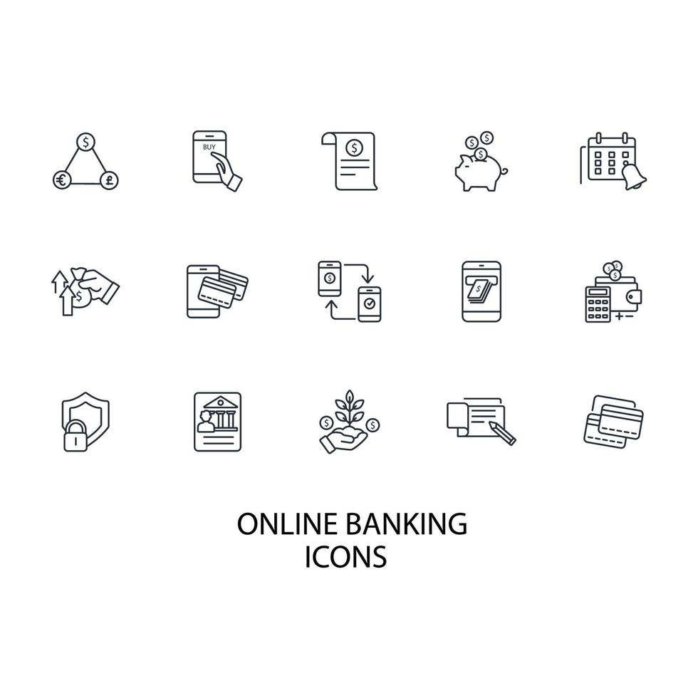 Symbole für Online-Banking festgelegt. Online-Banking-Paketsymbol-Vektorelemente für Infografik-Web vektor