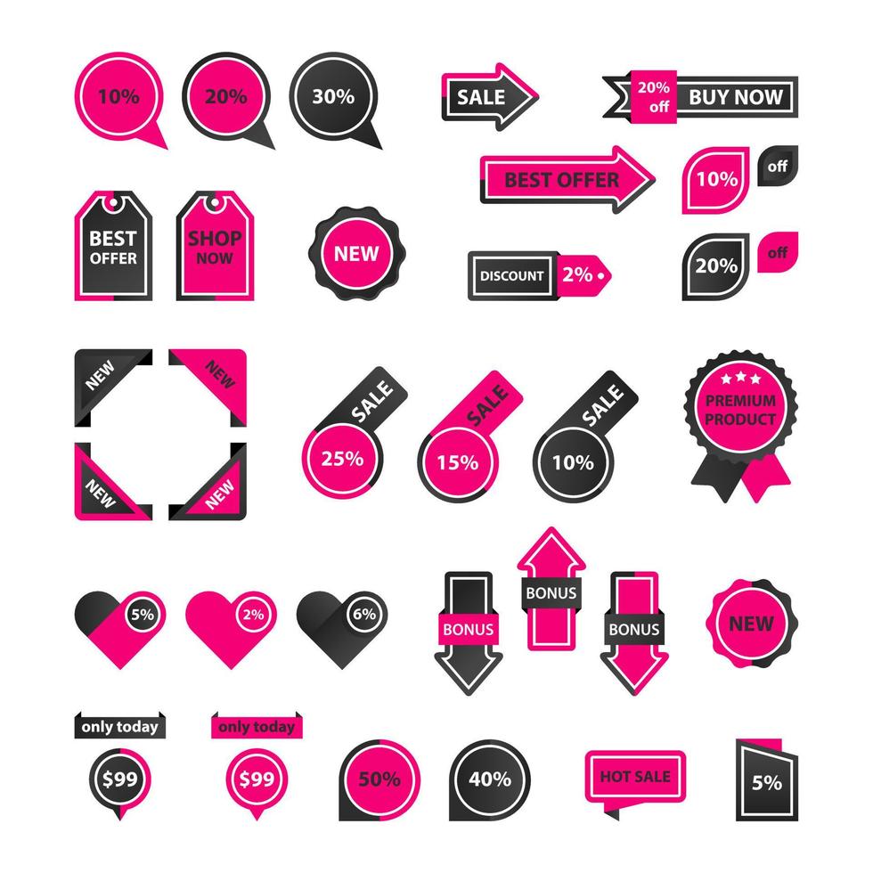 Vektoraufkleber, Preisschild, Banner, Etikett. Gutscheinverkauf, Angebote und Werbeaktionen Vektorvorlage. Reihe von Schaltflächen, Symbolen vektor