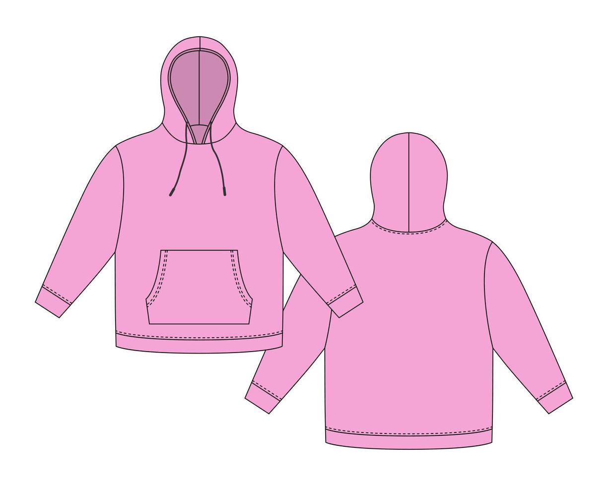 Hoodie-Vorlage in pastelllila Farbe. Bekleidung Hoody technische Skizze Mockup. vektor