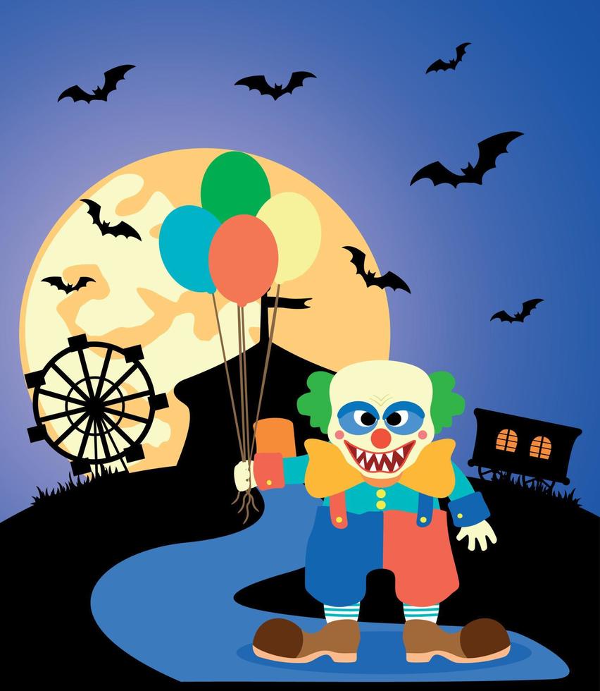 halloween bakgrund med clown och full måne vektor