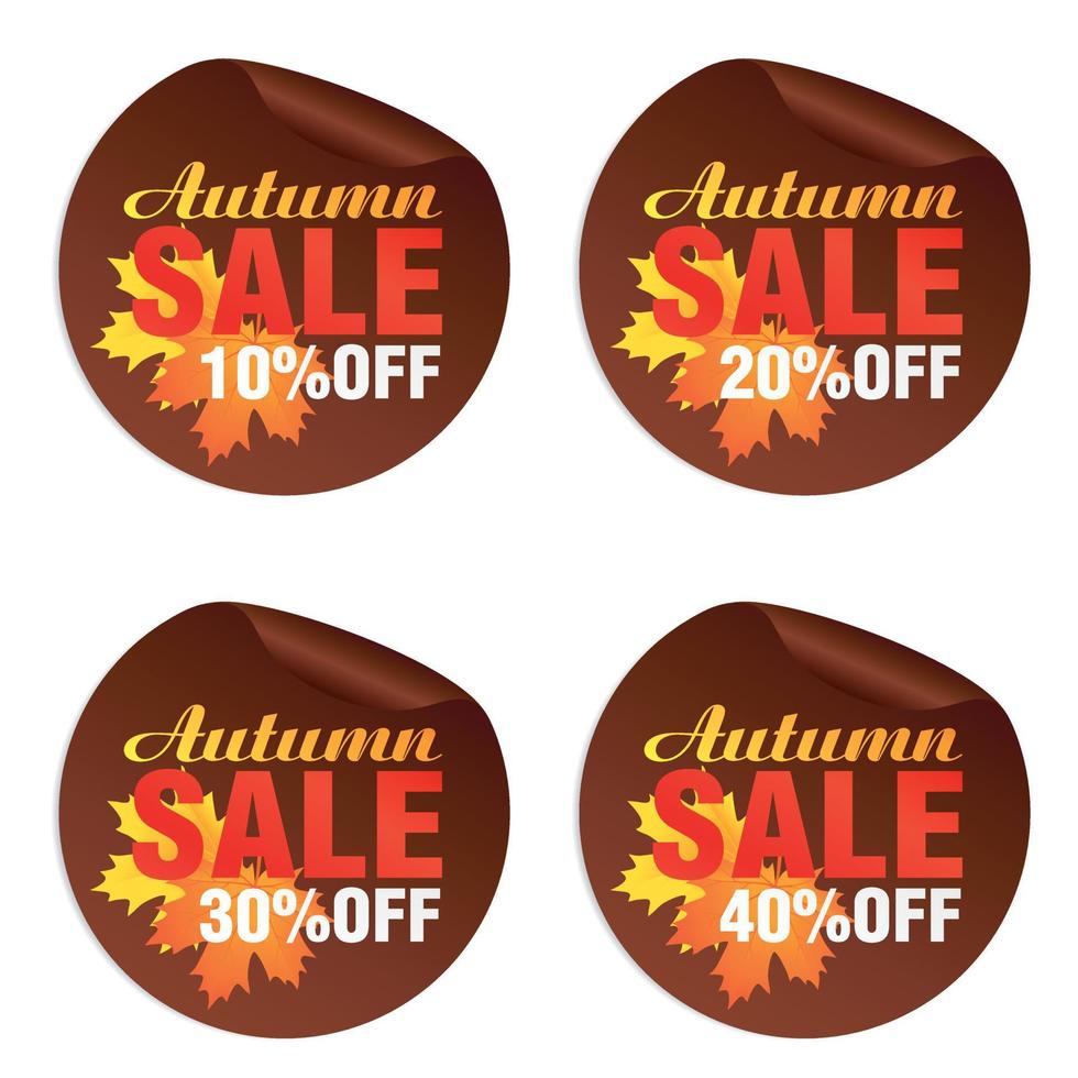 höst försäljning brun klistermärken uppsättning med höst orange, gul löv. höst försäljning 10, 20, 30, 40 procent av vektor