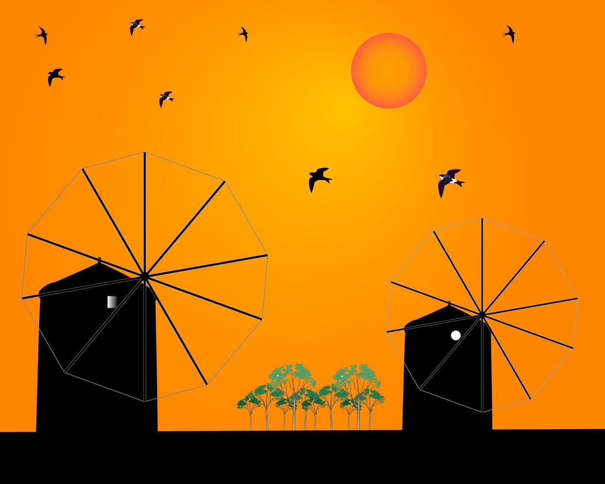 zwei Mühlen, Vögel und Bäume auf orangefarbenem Hintergrund vektor