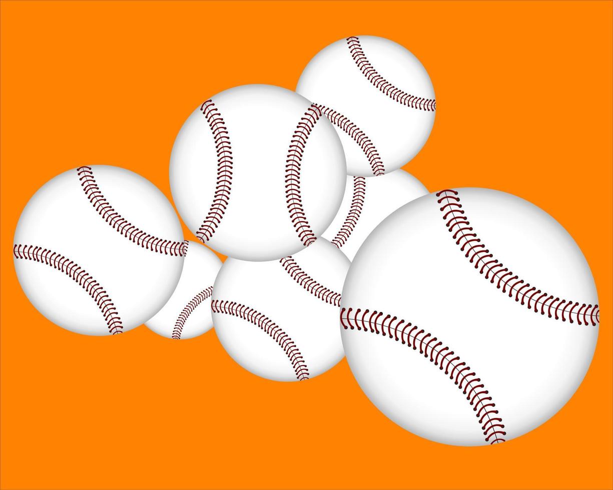 sieben Baseballs auf einem orangefarbenen Hintergrund vektor