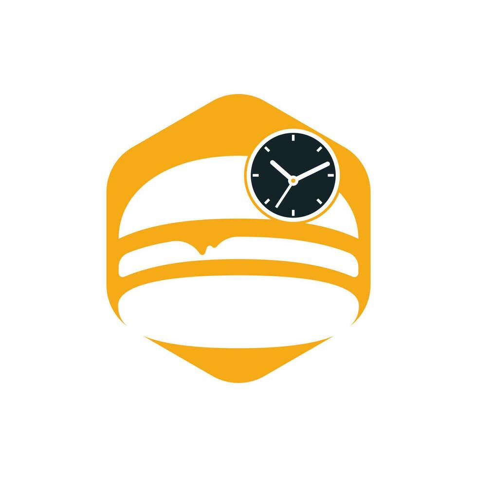 Burger-Zeit-Vektor-Logo-Design-Vorlage. Big Burger mit Uhr-Icon-Logo-Design. vektor