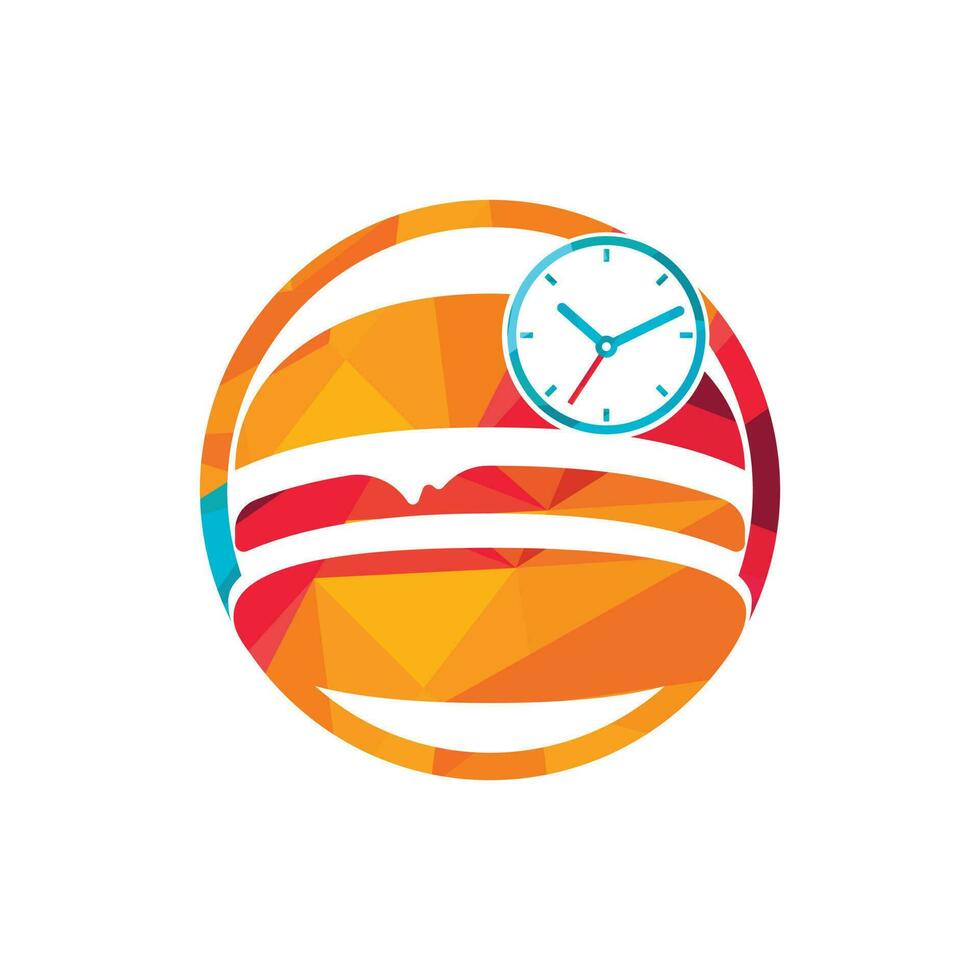 Burger-Zeit-Vektor-Logo-Design-Vorlage. Big Burger mit Uhr-Icon-Logo-Design. vektor