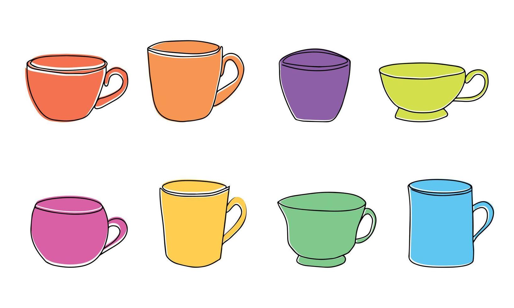 uppsättning av kopp för kaffe eller te. Färg koppar i linje konst stil med Färg. hand dra vektor illustration
