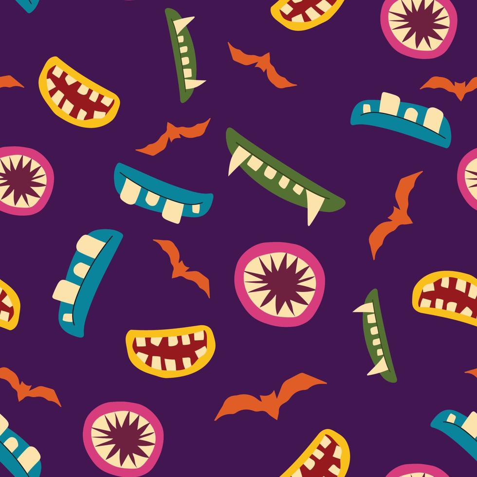 sömlös mönster för halloween med Färg skrämmande roligt monster mun på mörk lila bakgrund. vektor