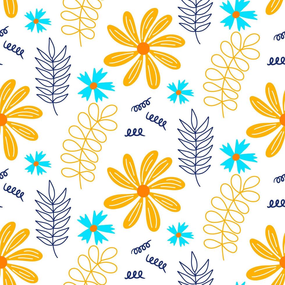 Vektor handgezeichnet Sommer nahtlose Blumenmuster isoliert auf weißem Hintergrund. kritzeln sie blätter und blumen. tropischer hintergrund der karikatur für hochzeitsdesign, verpackung, textilien, verzierte und grußkarten